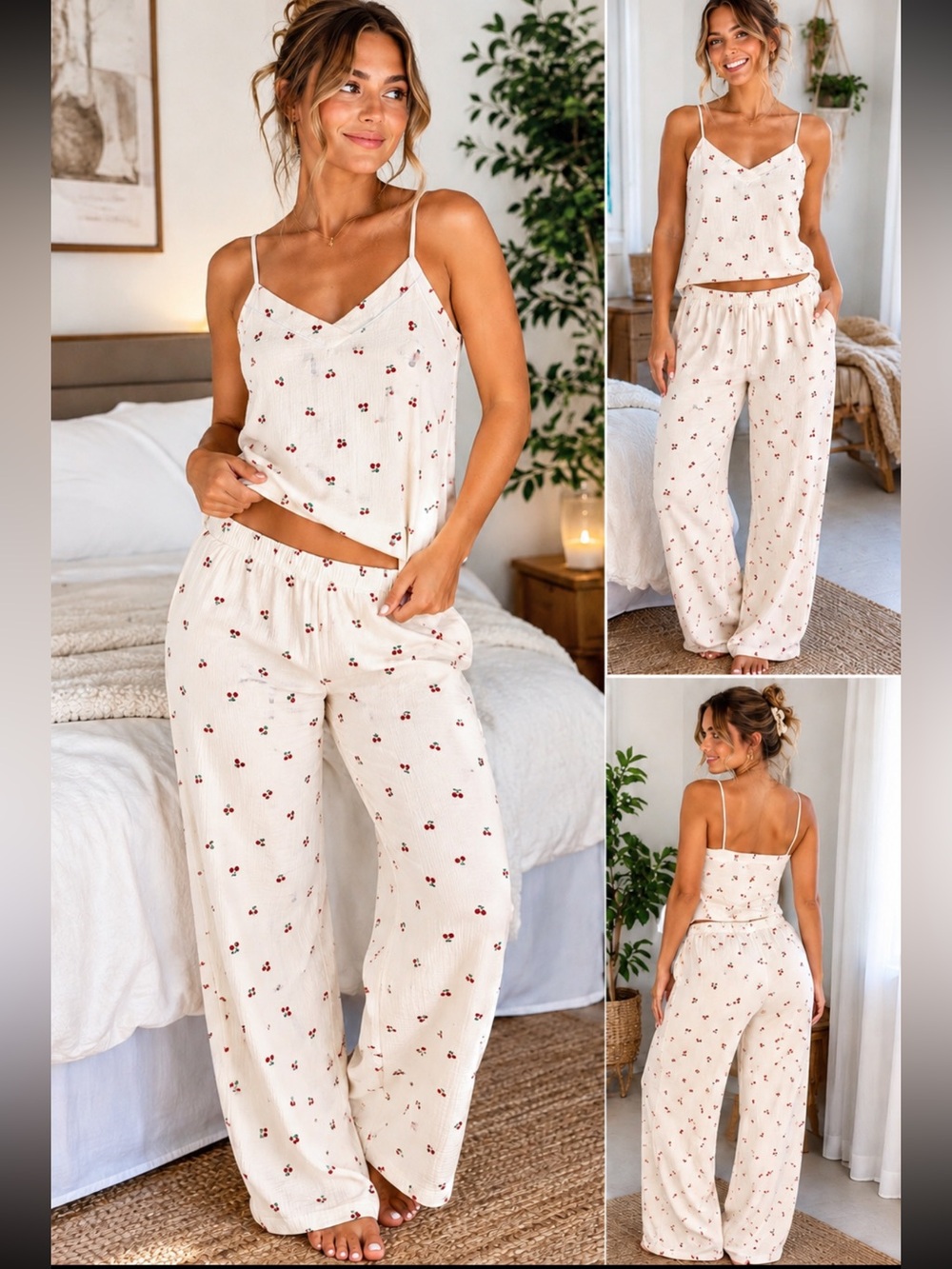 Women's Cream W/‎ “Cherries” 2 Piece Camisole V-Neck Pajama Lounge Set XL